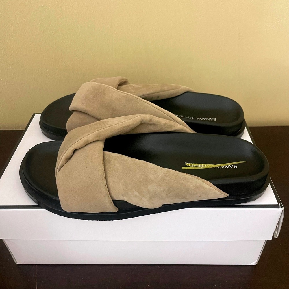 Banana Republic Womens Twisted Suede‎ Slide Sandals Taupe Black Flat Sandals